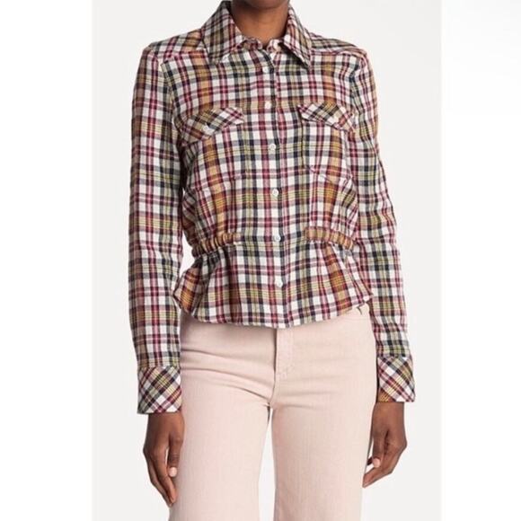 Veronica Beard Shania Plaid‎ Long Sleeve Cinched Waist Button Down Top Sz 0 - Picture 1 of 9
